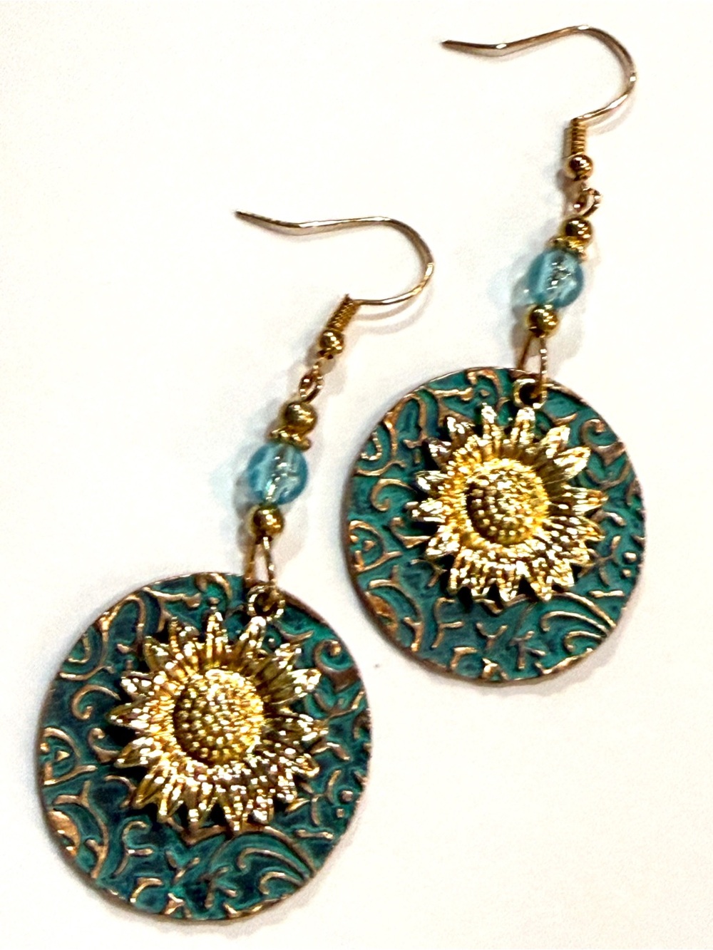 Gold Sunflower Teal Drop Earrings - Women Jewelry Earrings